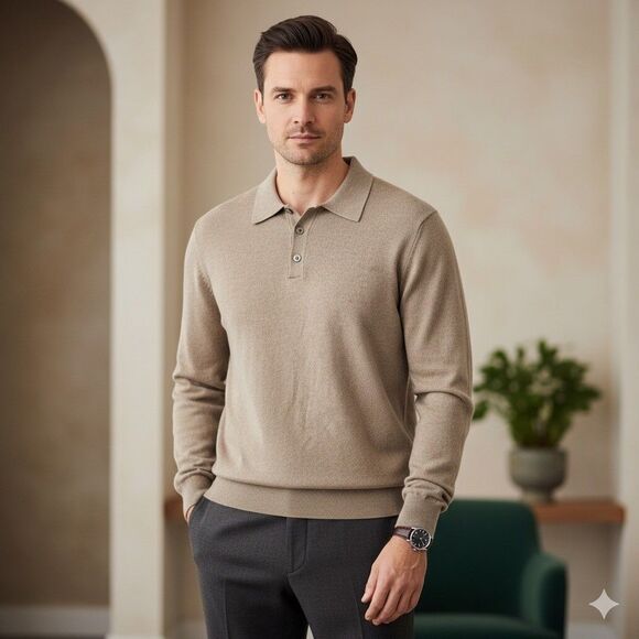 Alfani Merino Wool Sweater Polo Mens XL Beige 100% Pure Italian Knit Australia - Picture 1 of 7